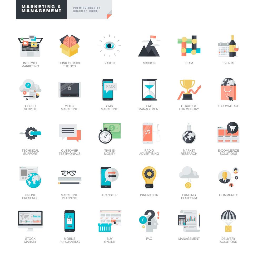 Set of flat design icons for marketing and management vector