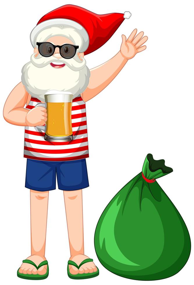 Santa Claus cartoon character in summer costume with big present bag vector
