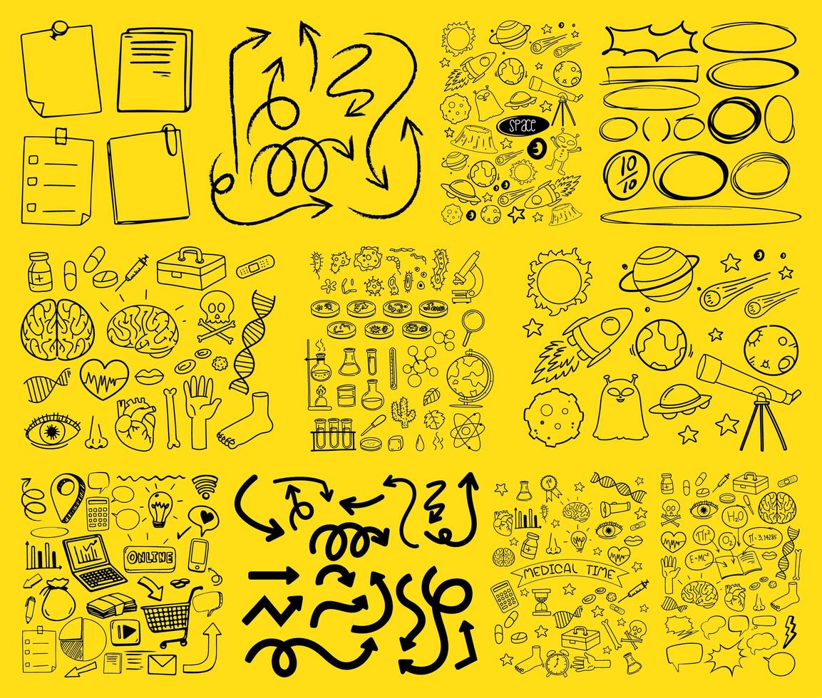 conjunto de objetos y símbolos doodle dibujados a mano sobre fondo amarillo vector