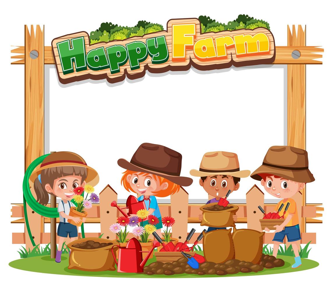 Blank banner with Happy Farm logo and farmer kids isolated on white background vector