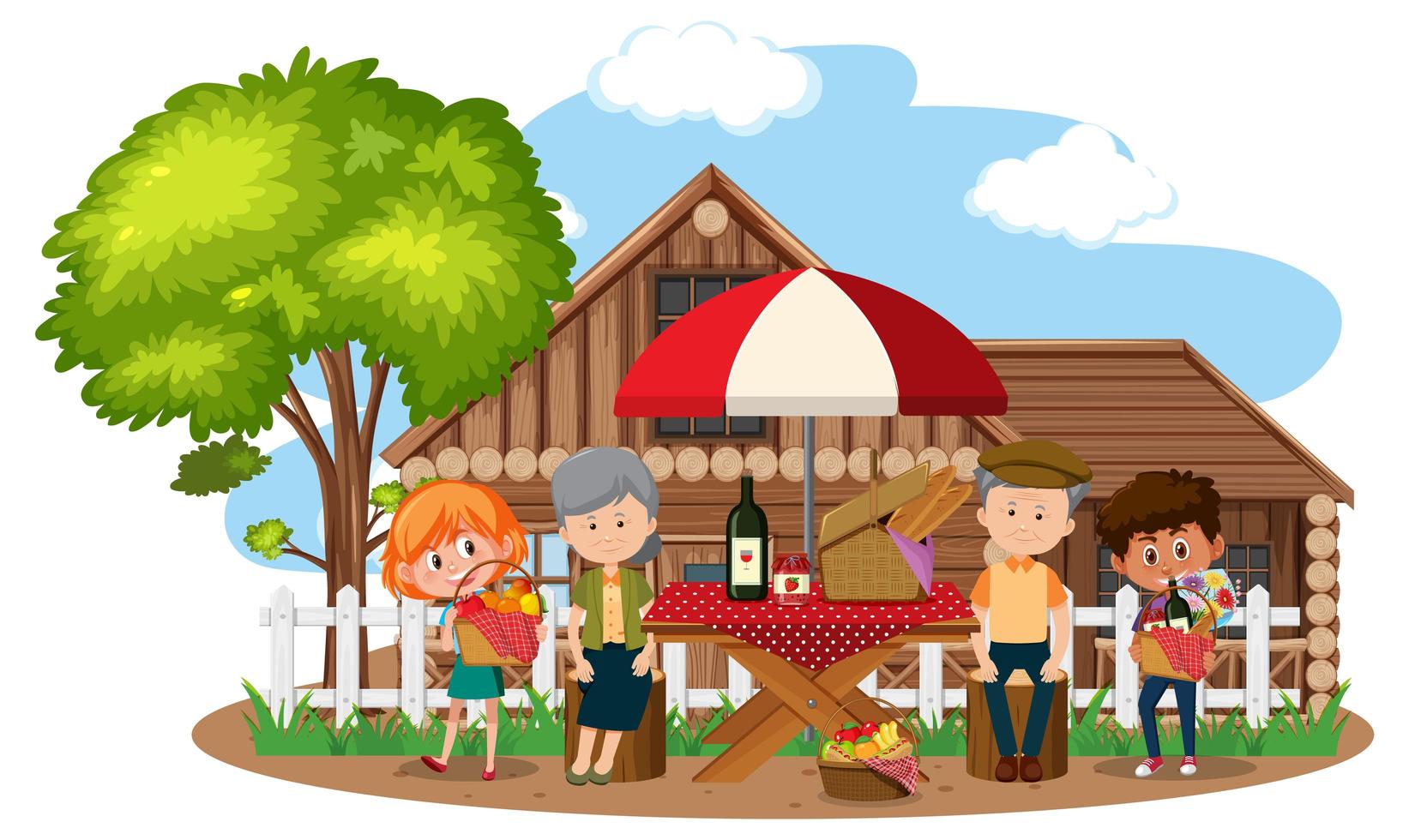 Happy family picnic in front of house scene vector