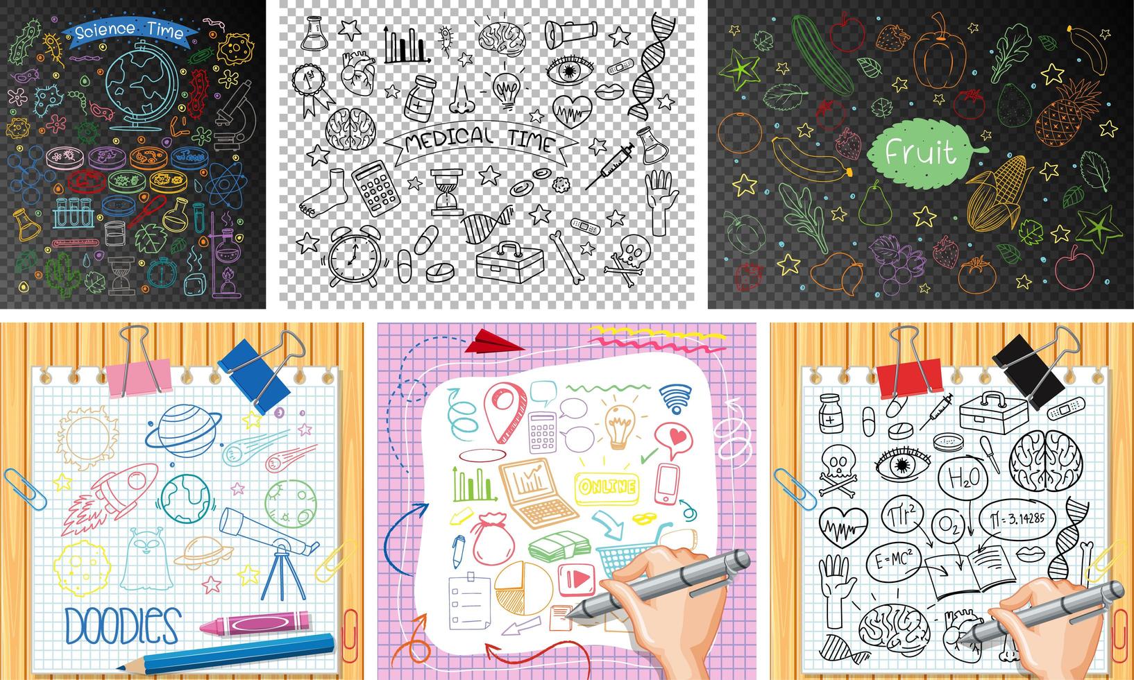 conjunto de objetos coloridos y símbolos dibujados a mano doodle vector