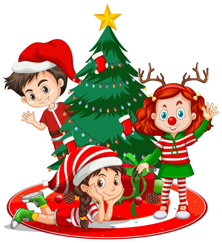 Los niños usan traje de Navidad personaje de dibujos animados con árbol de  Navidad sobre fondo blanco. 1591622 Vector en Vecteezy