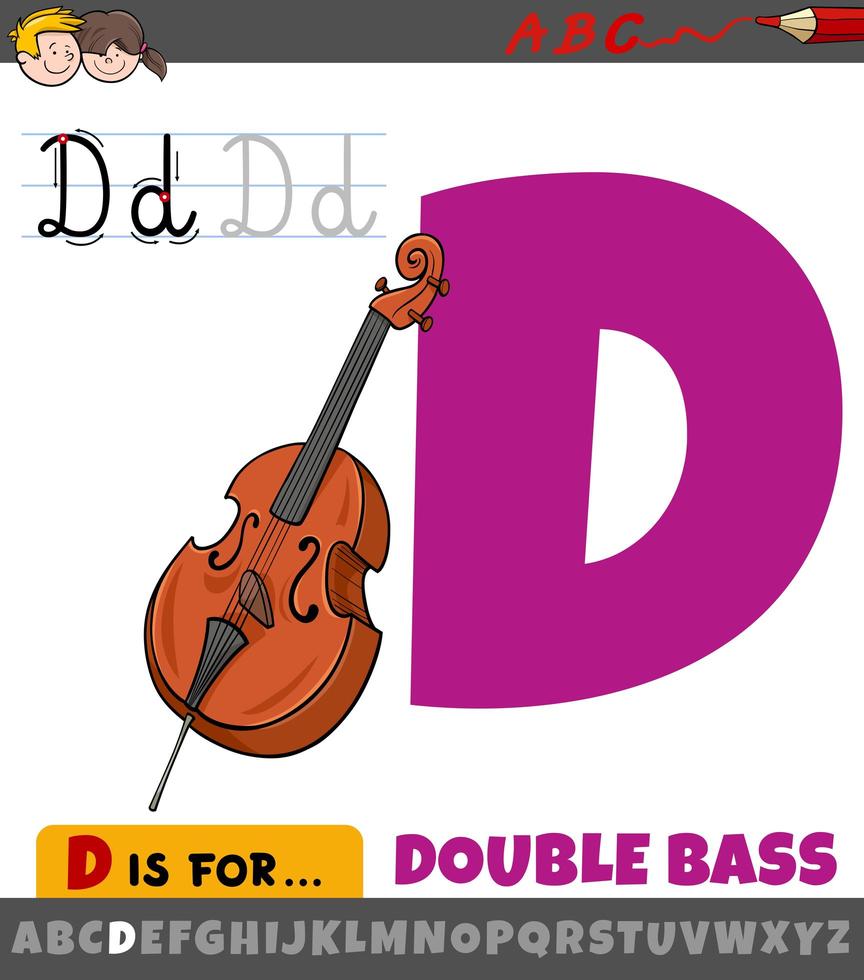 Letter D from alphabet with cartoon double bass vector