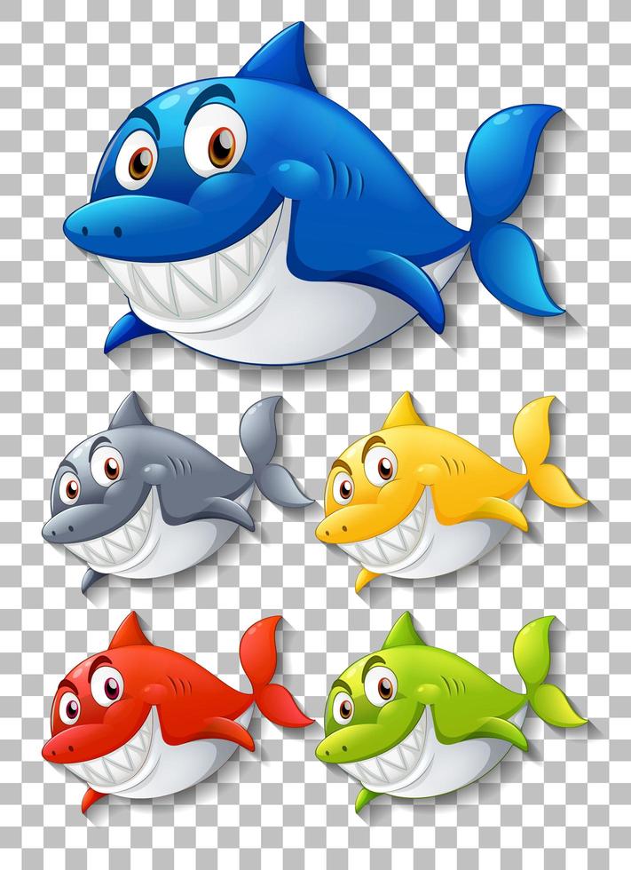 Conjunto de personaje de dibujos animados sonriente de tiburón de diferentes colores sobre fondo transparente vector