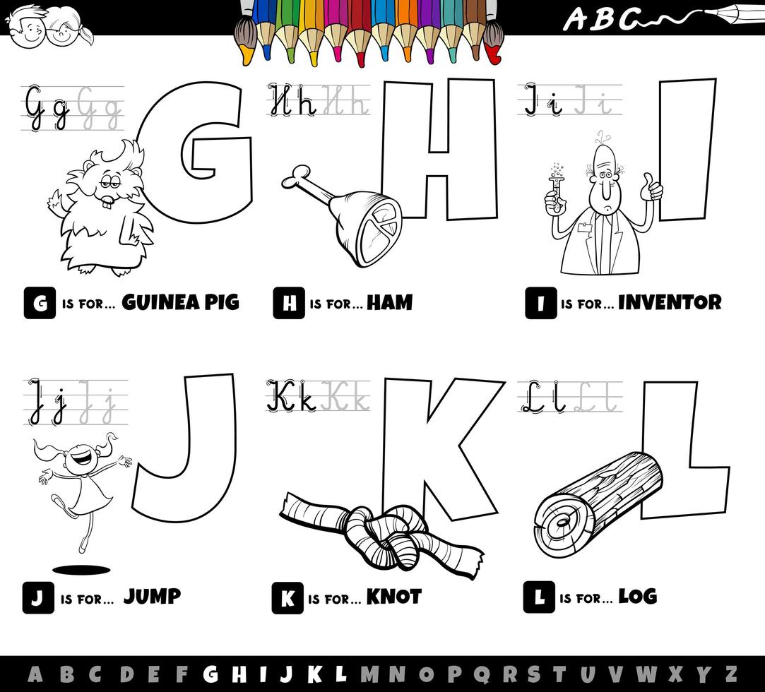 Alphabet letters from G to L coloring book vector