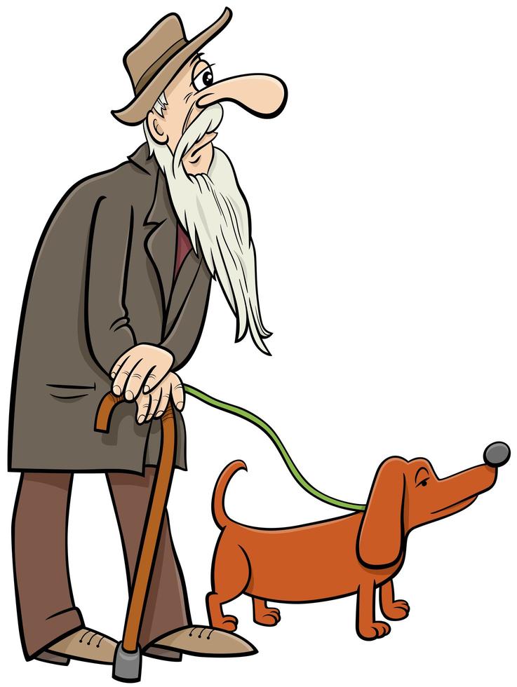 Cartoon senior walking with dog comic characters vector