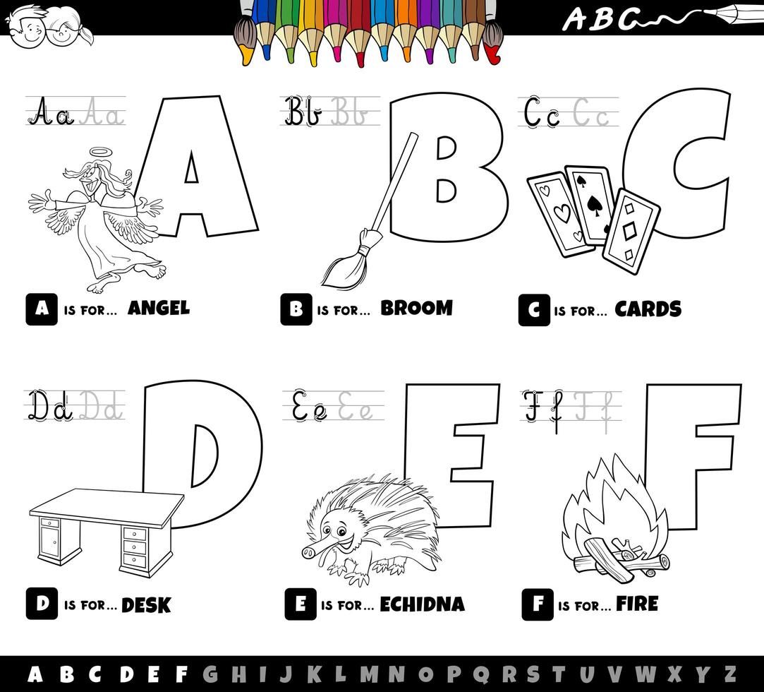 Alphabet letters from A to F coloring book vector