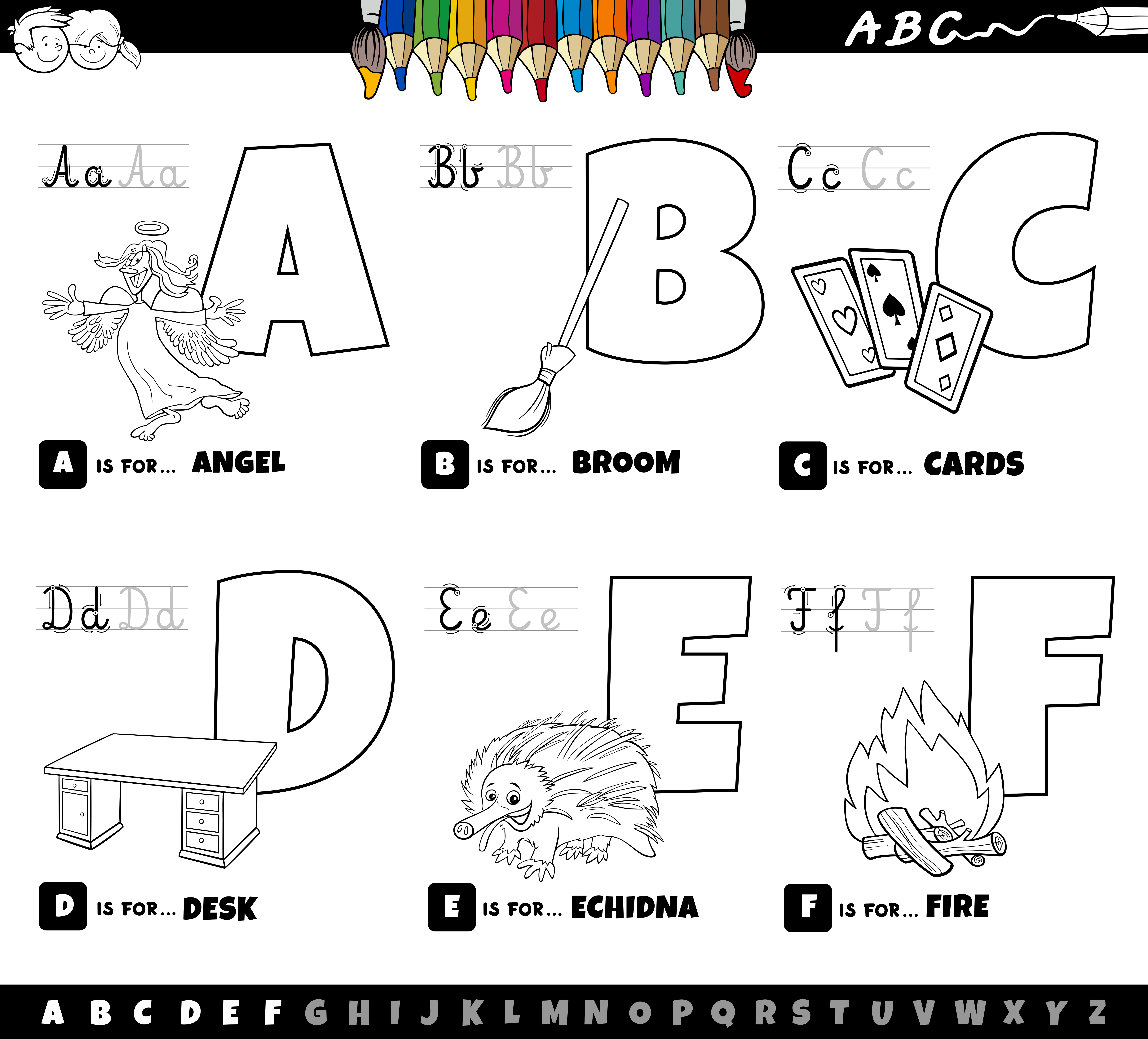 Download Alphabet Letters From A To F Coloring Book 1591709 Vector Art At Vecteezy