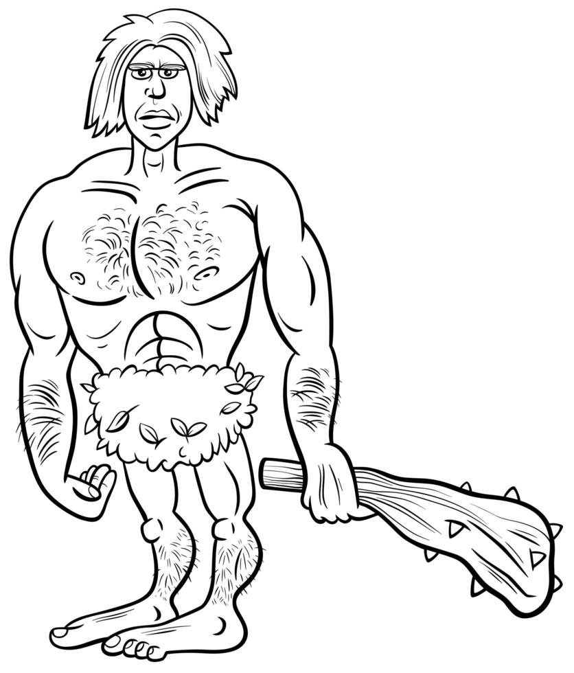 Prehistoric primitive man cartoon coloring book page vector