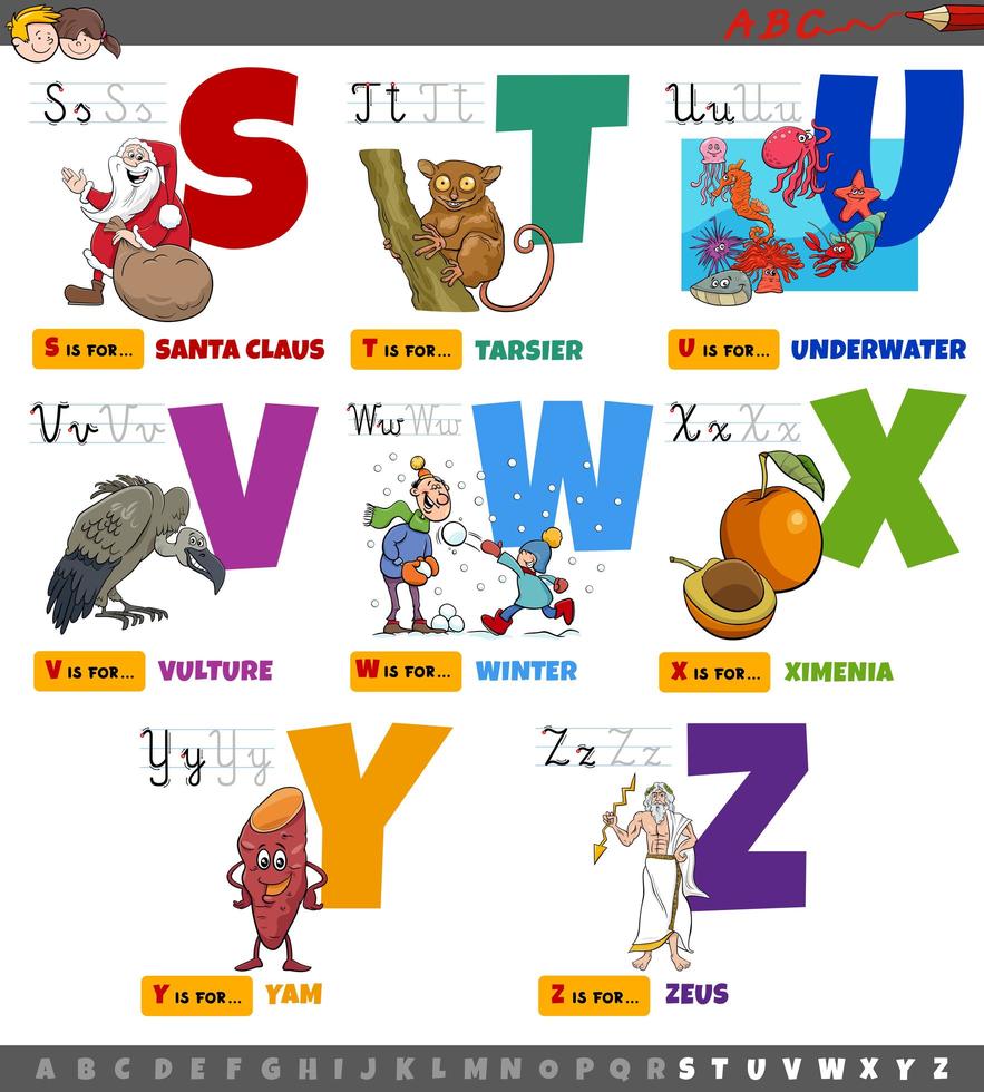 Educational cartoon alphabet letters set from S to Z vector