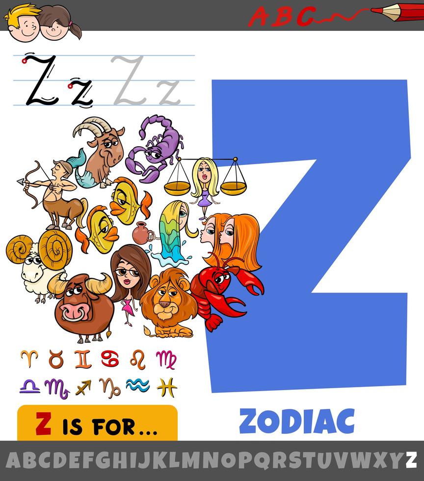 Letra z del alfabeto con los signos del zodíaco de dibujos animados vector