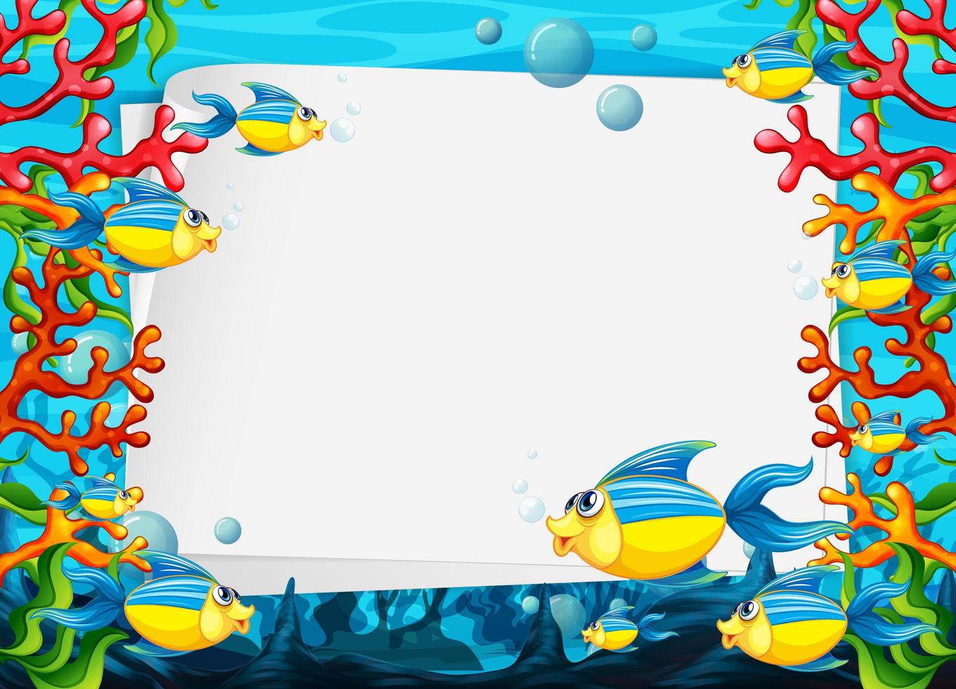 Blank paper template with exotic fishes cartoon character in the underwater scene vector