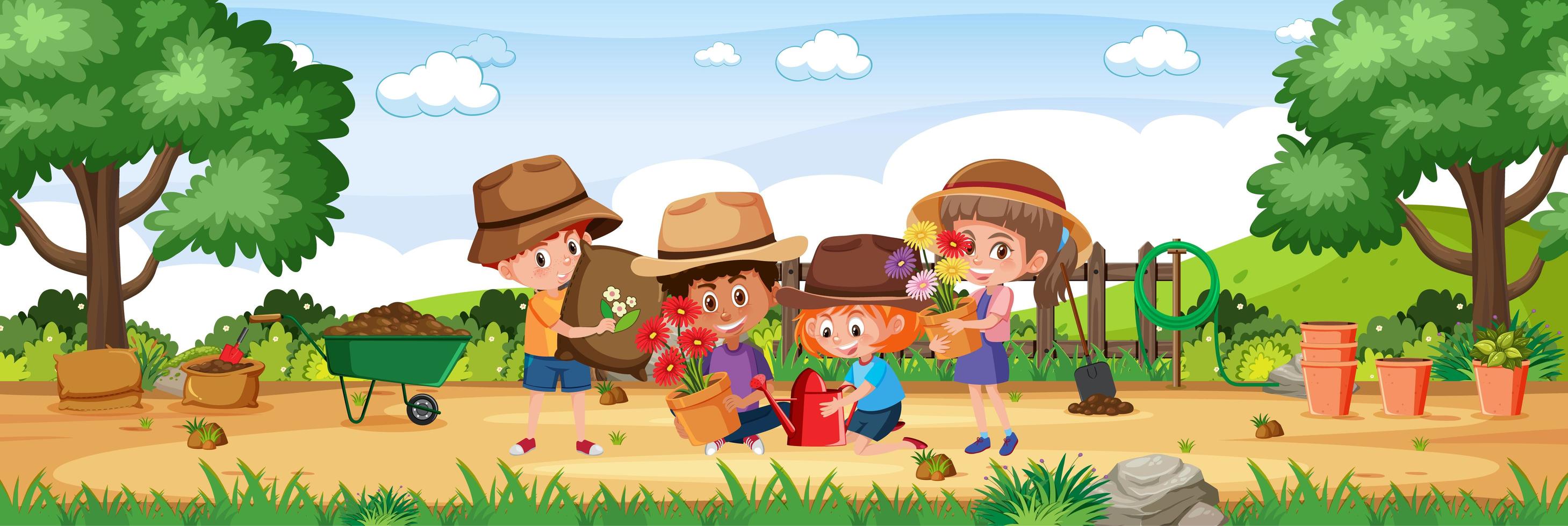 Children in garden with gardening elements horizontal landscape scene at day time vector