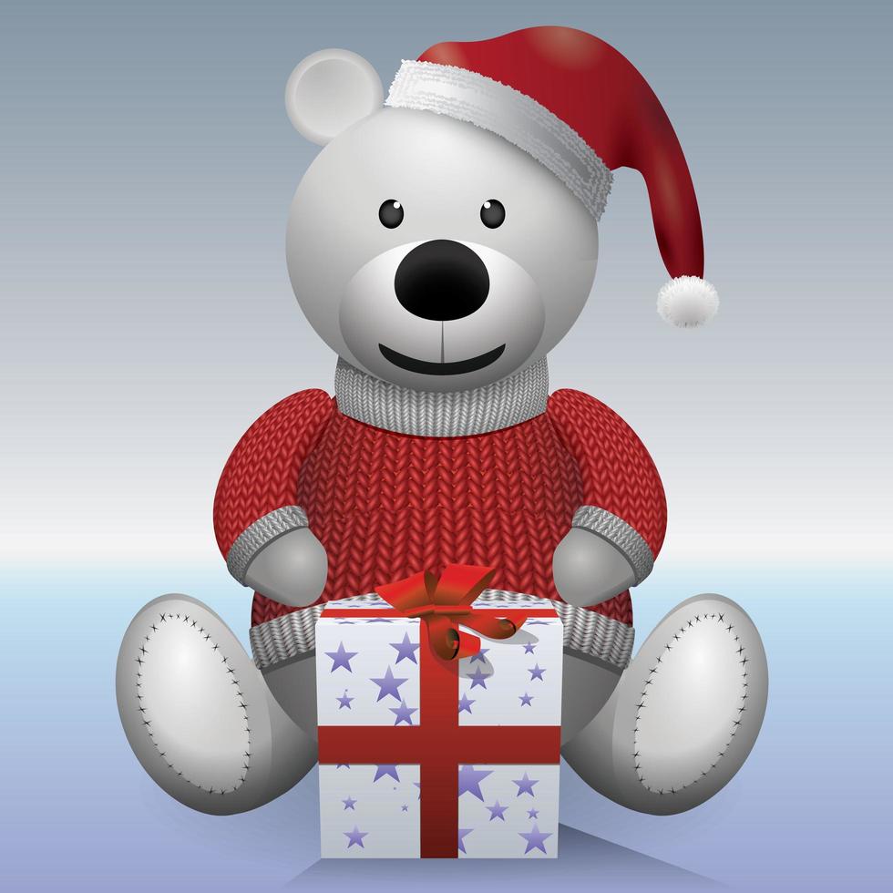 White teddy bear with present. vector