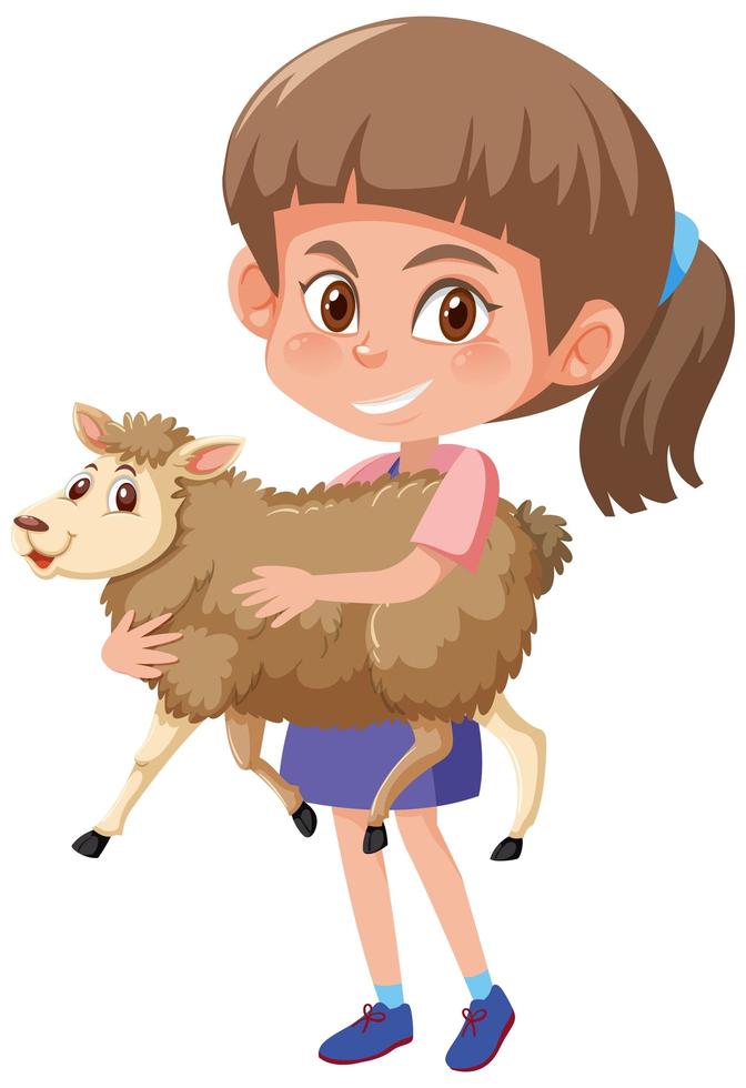 Chica sosteniendo un lindo personaje de dibujos animados de animales aislado sobre fondo blanco. vector