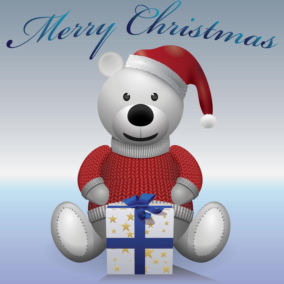 White teddy bear with present. Text Merry Christmas vector