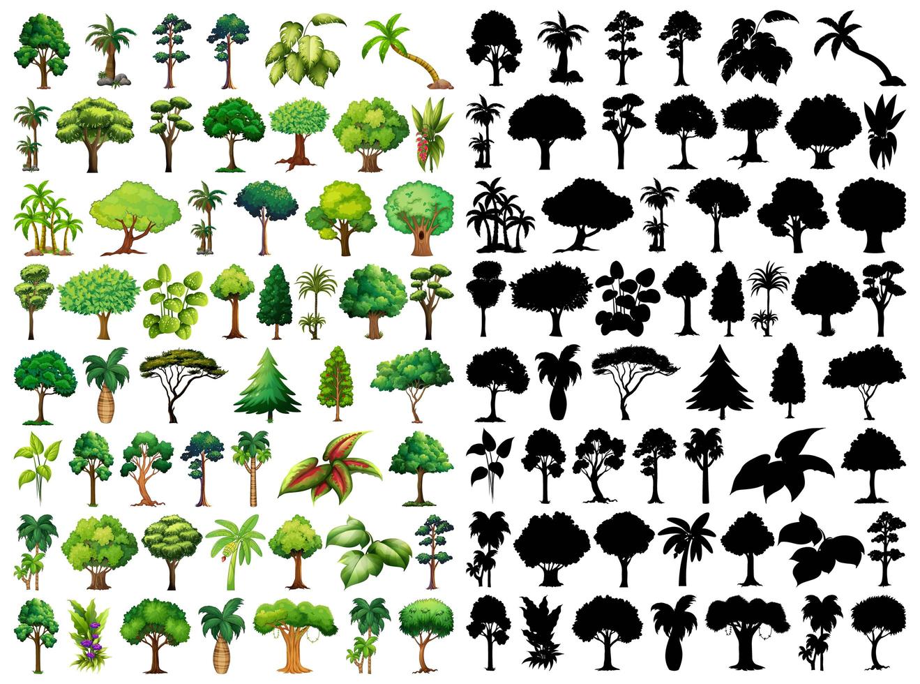 conjunto de planta y árbol con su silueta vector