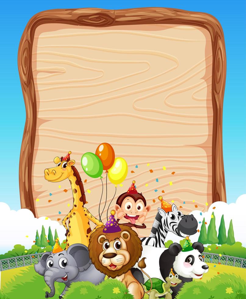 Blank wooden board template with wild animals in party theme on forest background vector