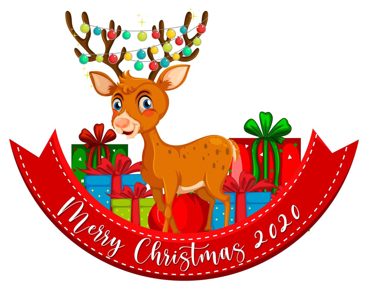 Merry Christmas 2020 font banner with reindeer on white background vector