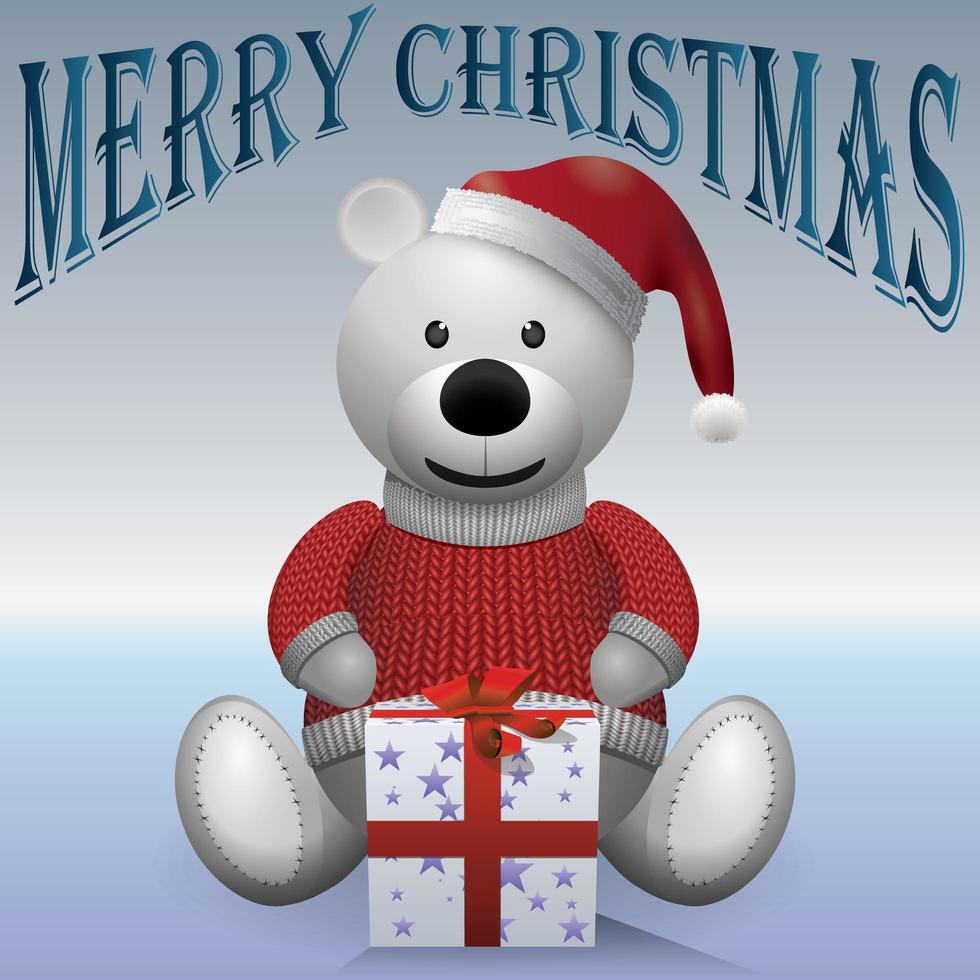 Teddy bear in red sweater with present vector