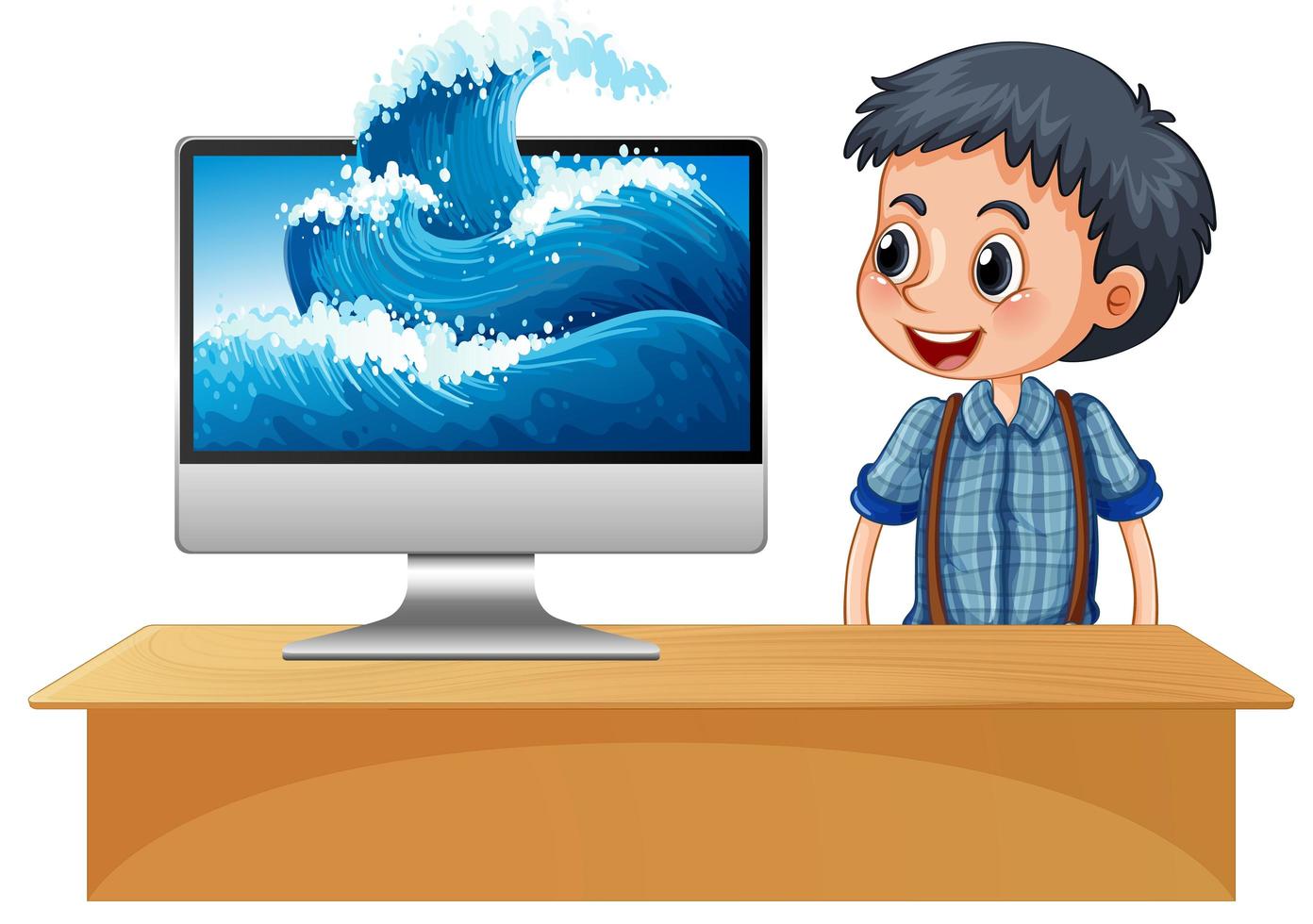 Happy boy next to computer with waves on screen vector