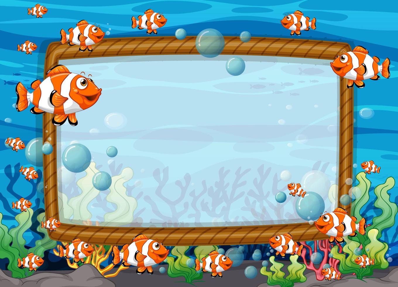 Blank frame template with exotic fishes cartoon character in the underwater scene vector