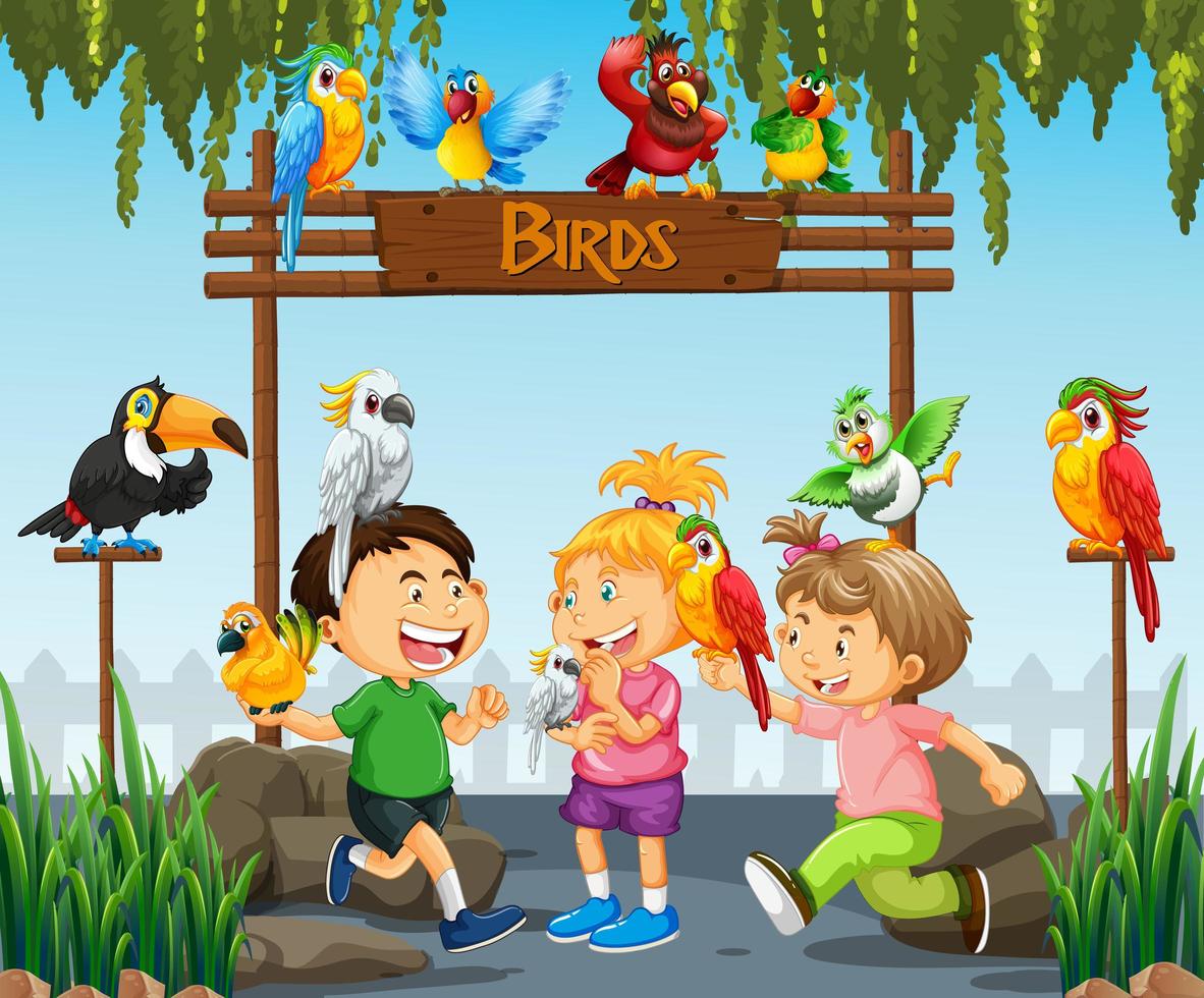 Niños jugando con pájaros loro en la escena del zoológico. vector