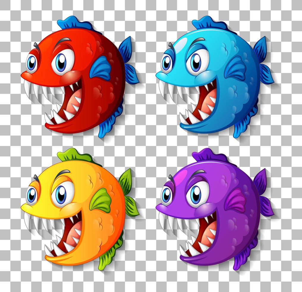 Conjunto de peces exóticos de diferentes colores con personaje de dibujos animados de ojos grandes sobre fondo transparente vector
