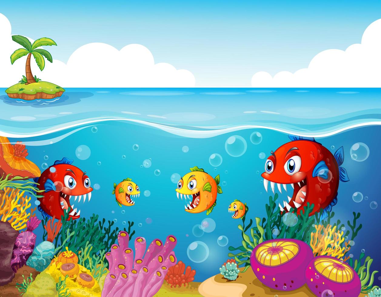 Many exotic fishes cartoon character in the underwater background vector