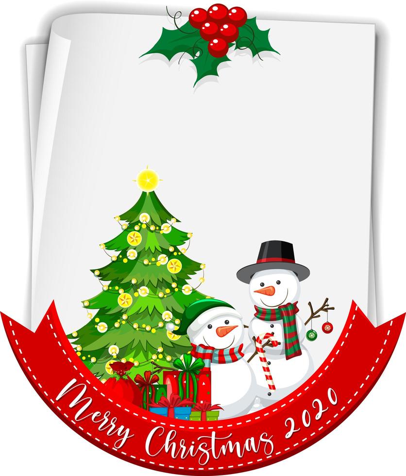 papel en blanco con el logotipo de la fuente feliz navidad 2020 y muñeco de nieve vector