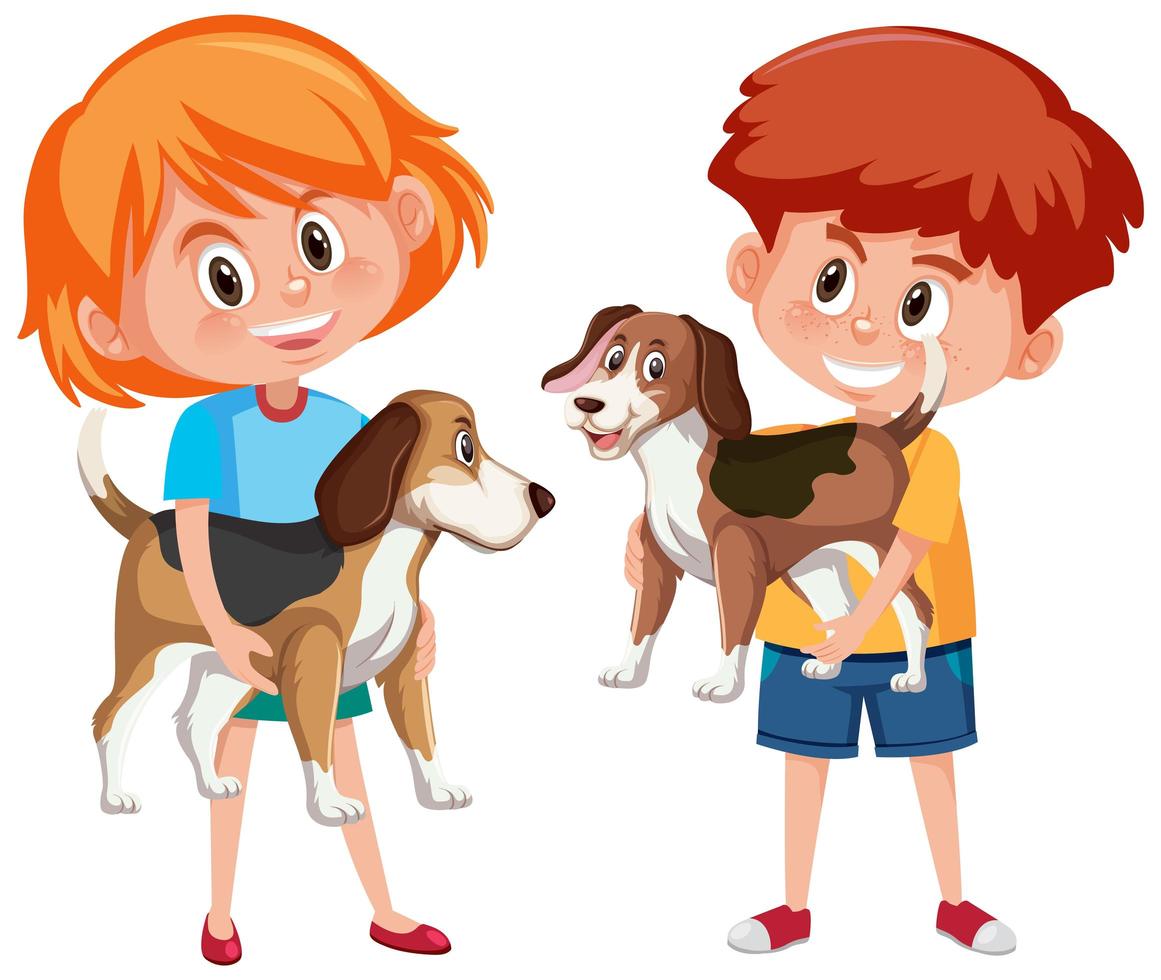 Los niños con sus mascotas aisladas sobre fondo blanco. vector