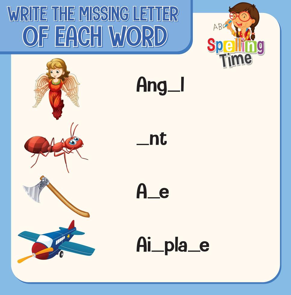 Write the missing letter of each word worksheet for children vector