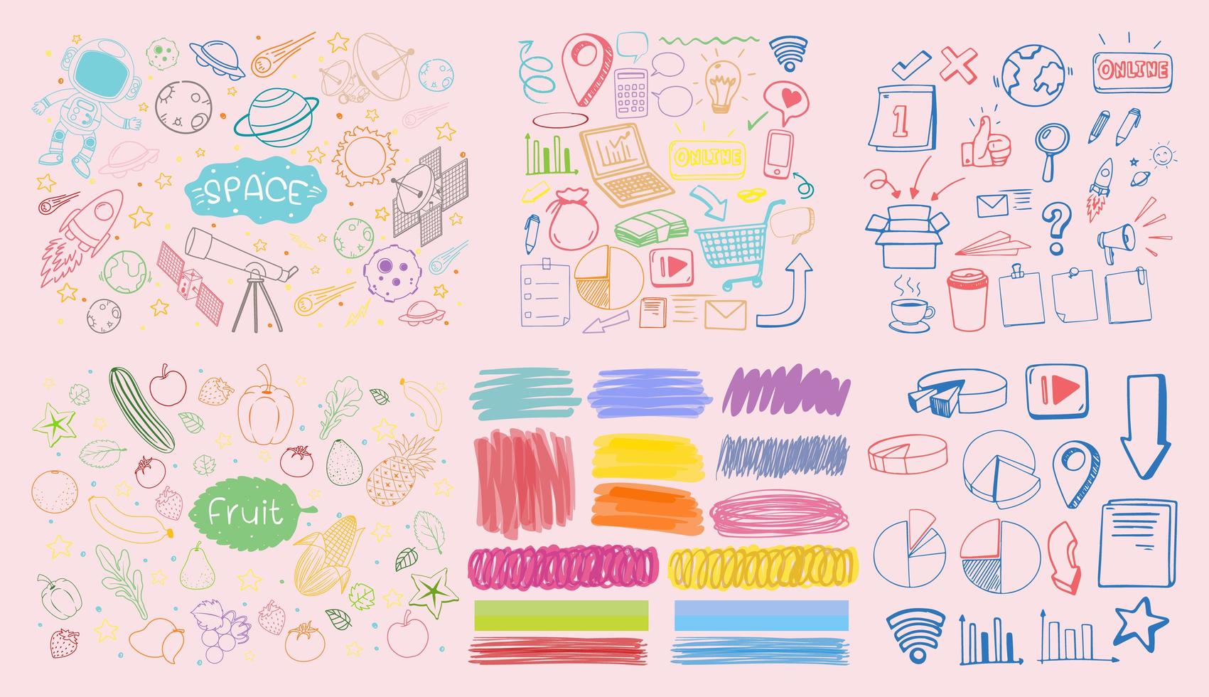 Set of colorful object and symbol hand drawn doodle on pink background vector