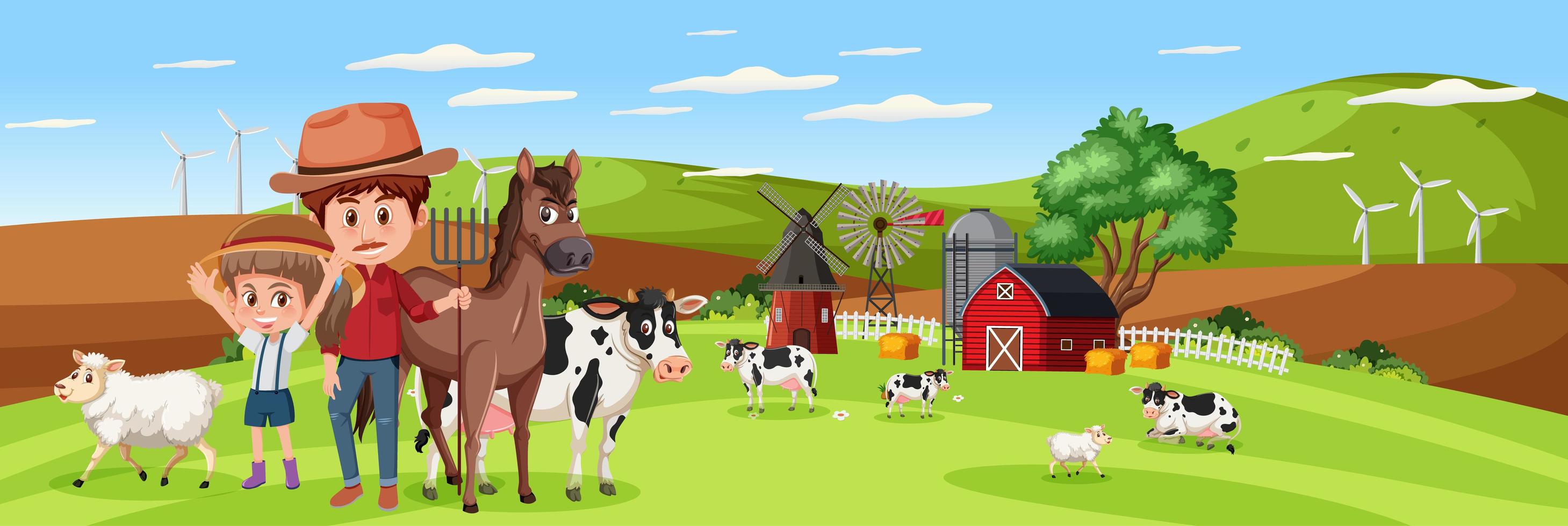 Family in nature farm with farm animal horizontal landscape scene at day time vector