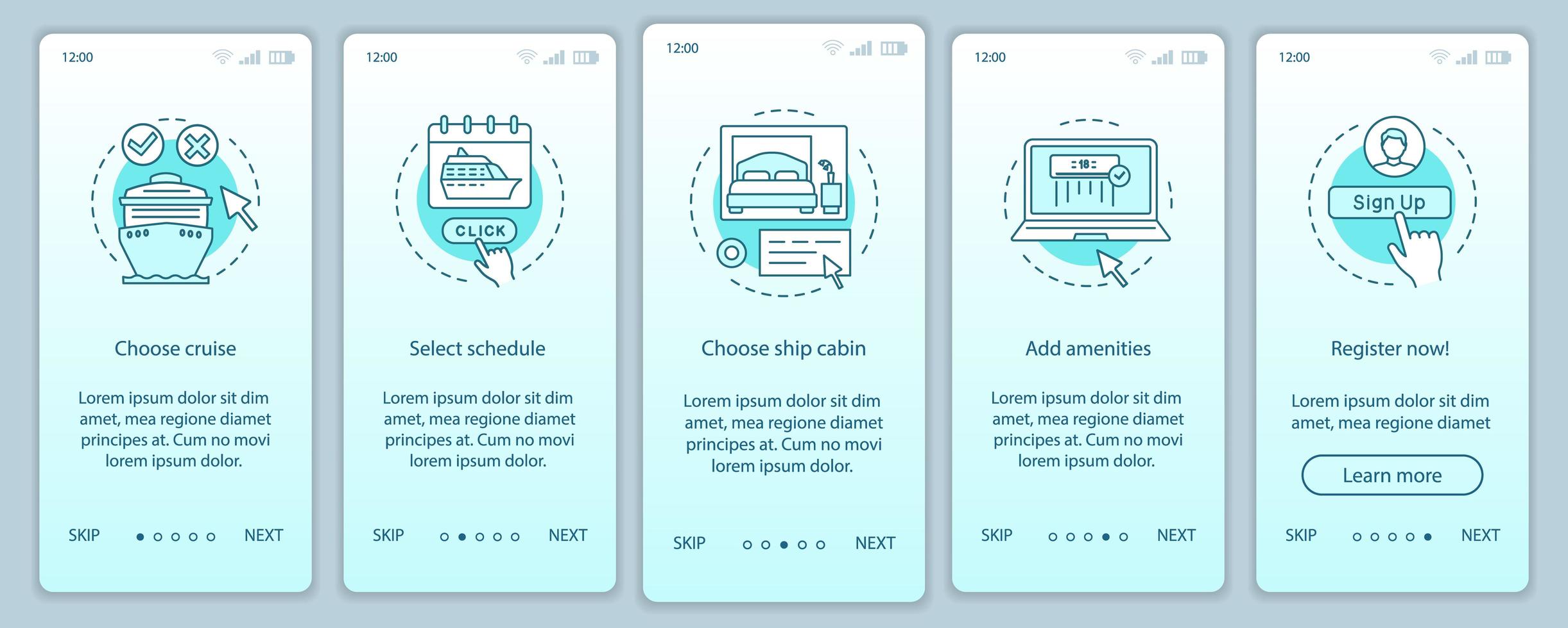 Online cruise booking onboarding mobile app page vector