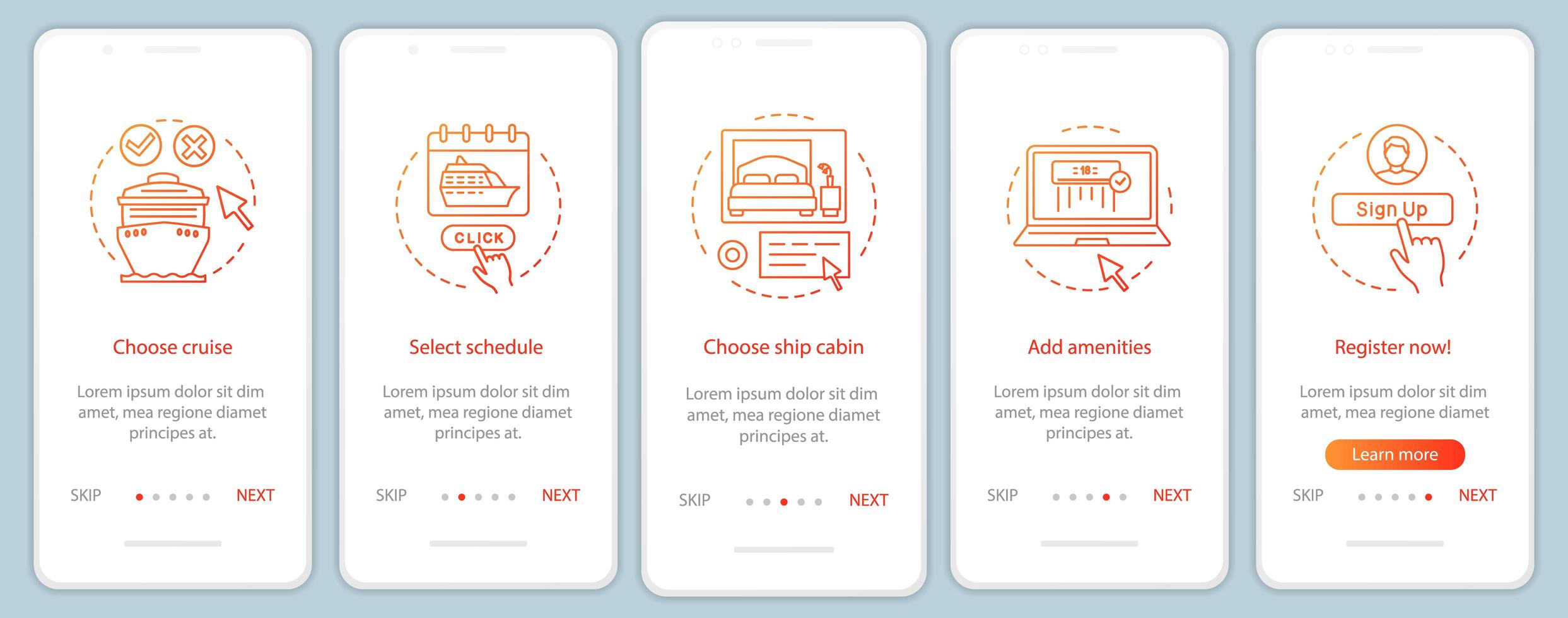 Online cruise booking onboarding mobile app page screen vector