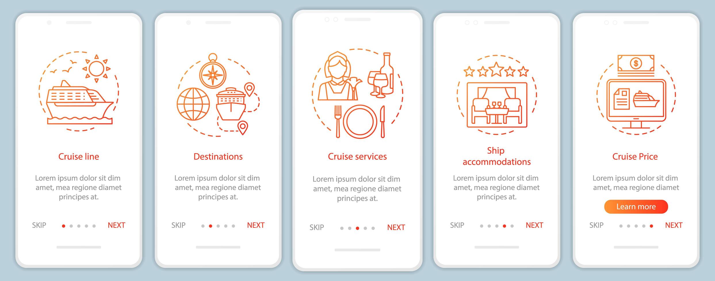 Cruise information onboarding mobile app page vector