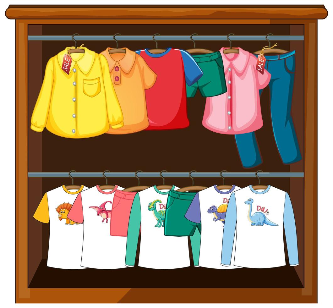 Clothes hanging in wardrobe on white background vector