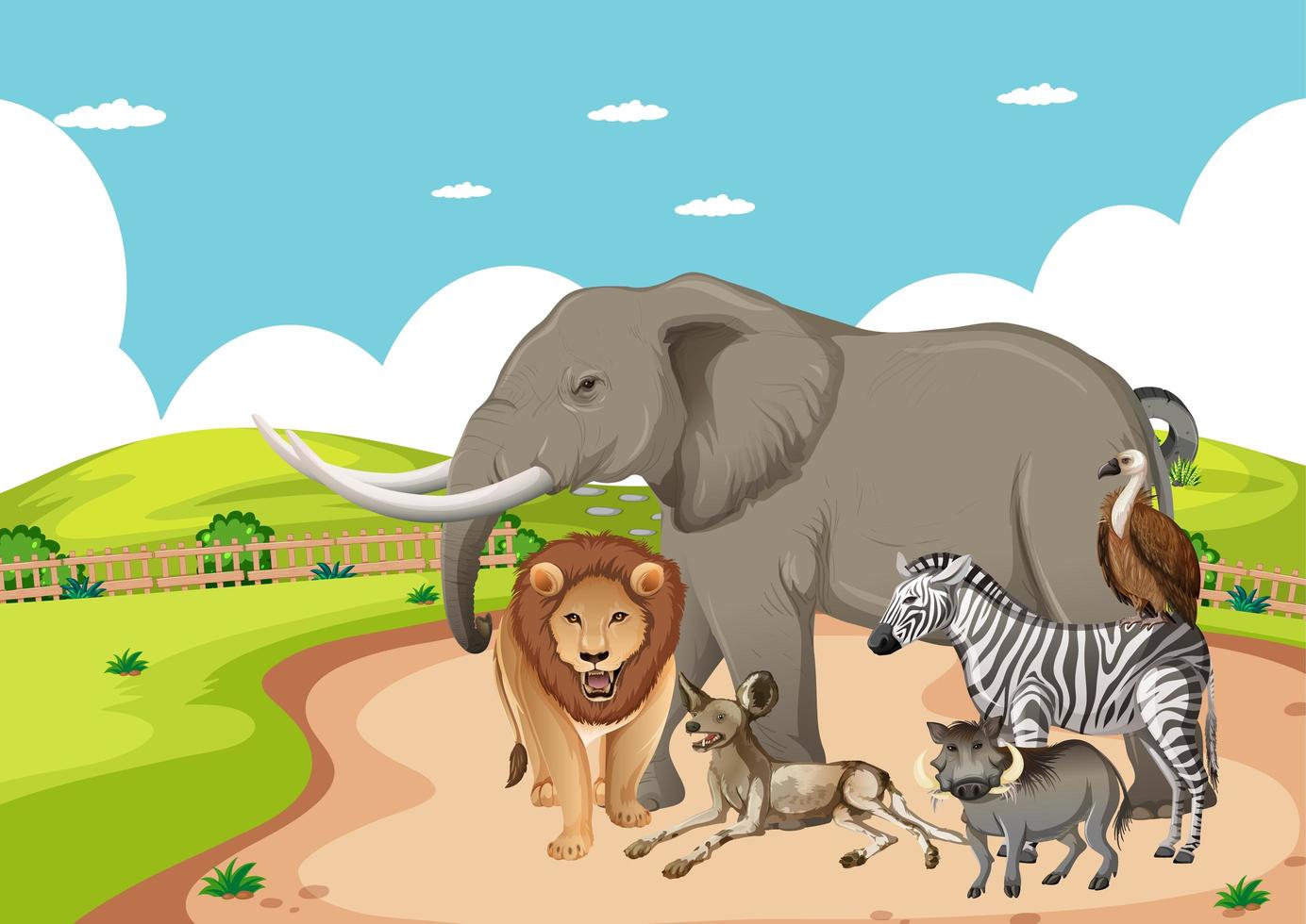 Grupo de animales salvajes africanos en la escena del bosque vector