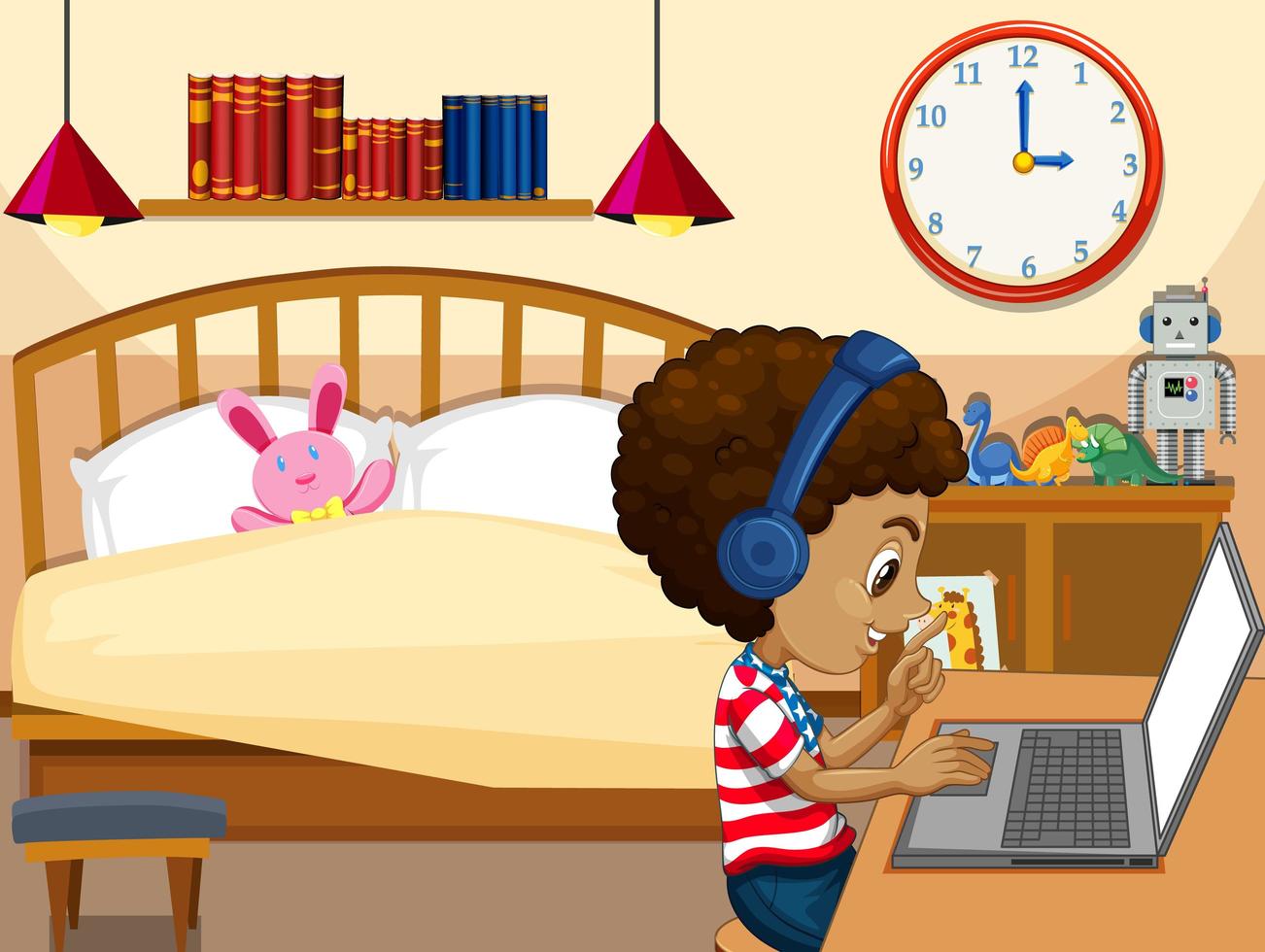 A boy communicate video conference with friends in bedroom scene vector