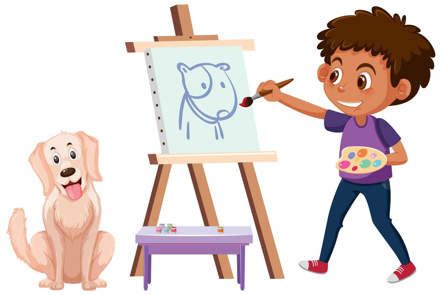 Un niño pintando un cuadro de perro aislado sobre fondo blanco. vector