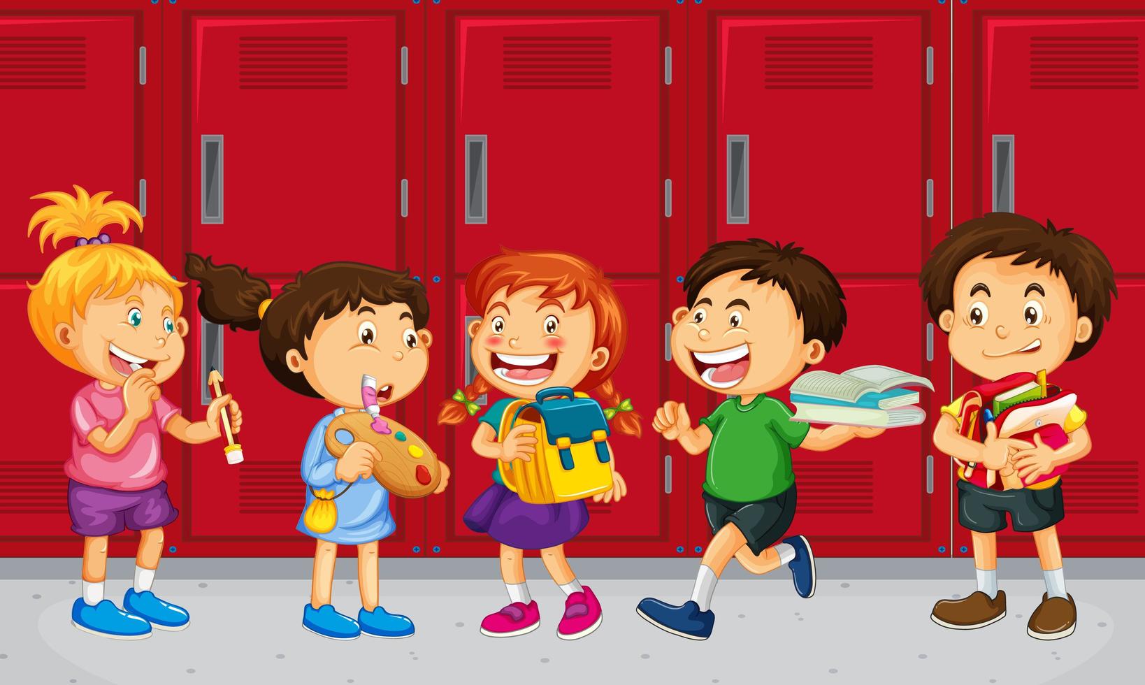 Children talking with their friends with school lockers background vector