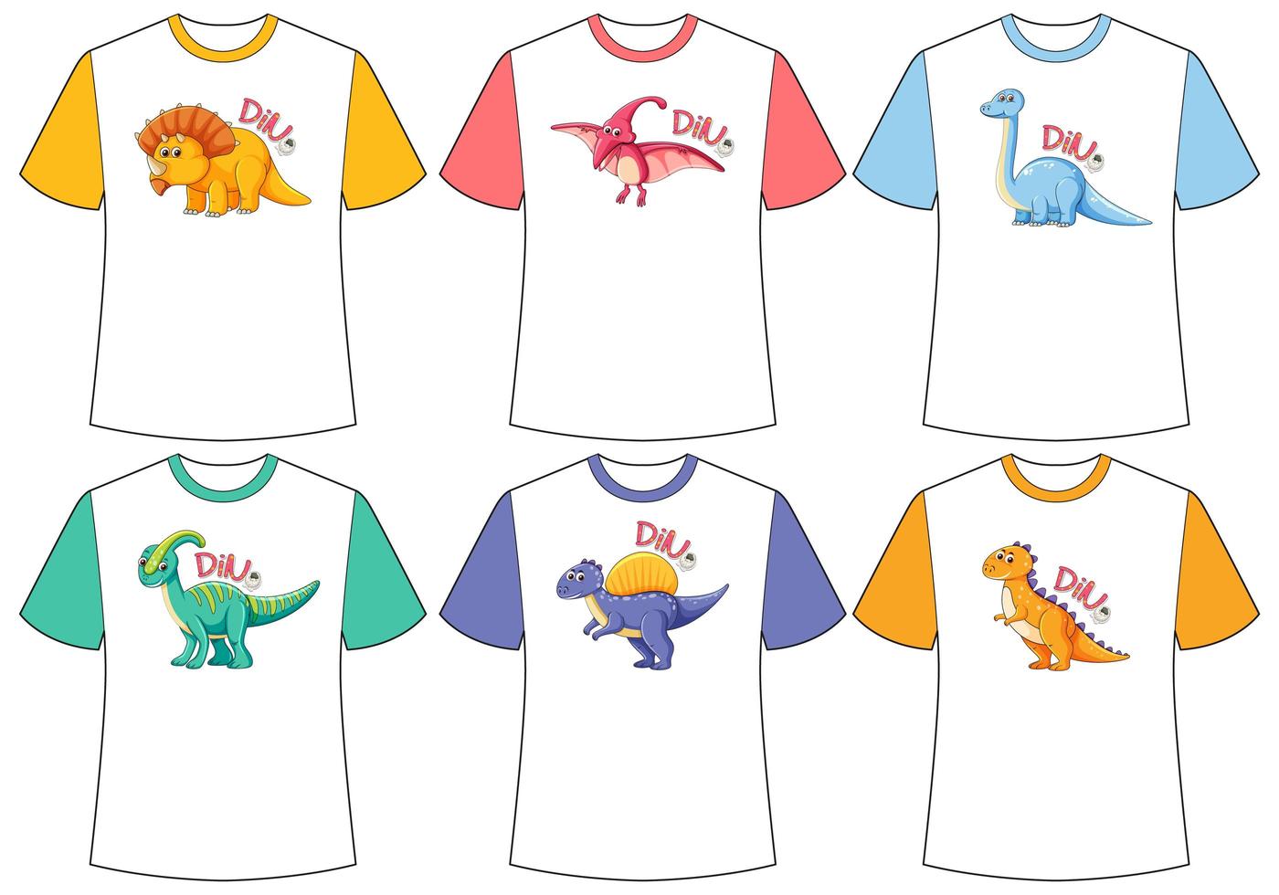 Set of different colour dinosaur screen on t-shirts vector