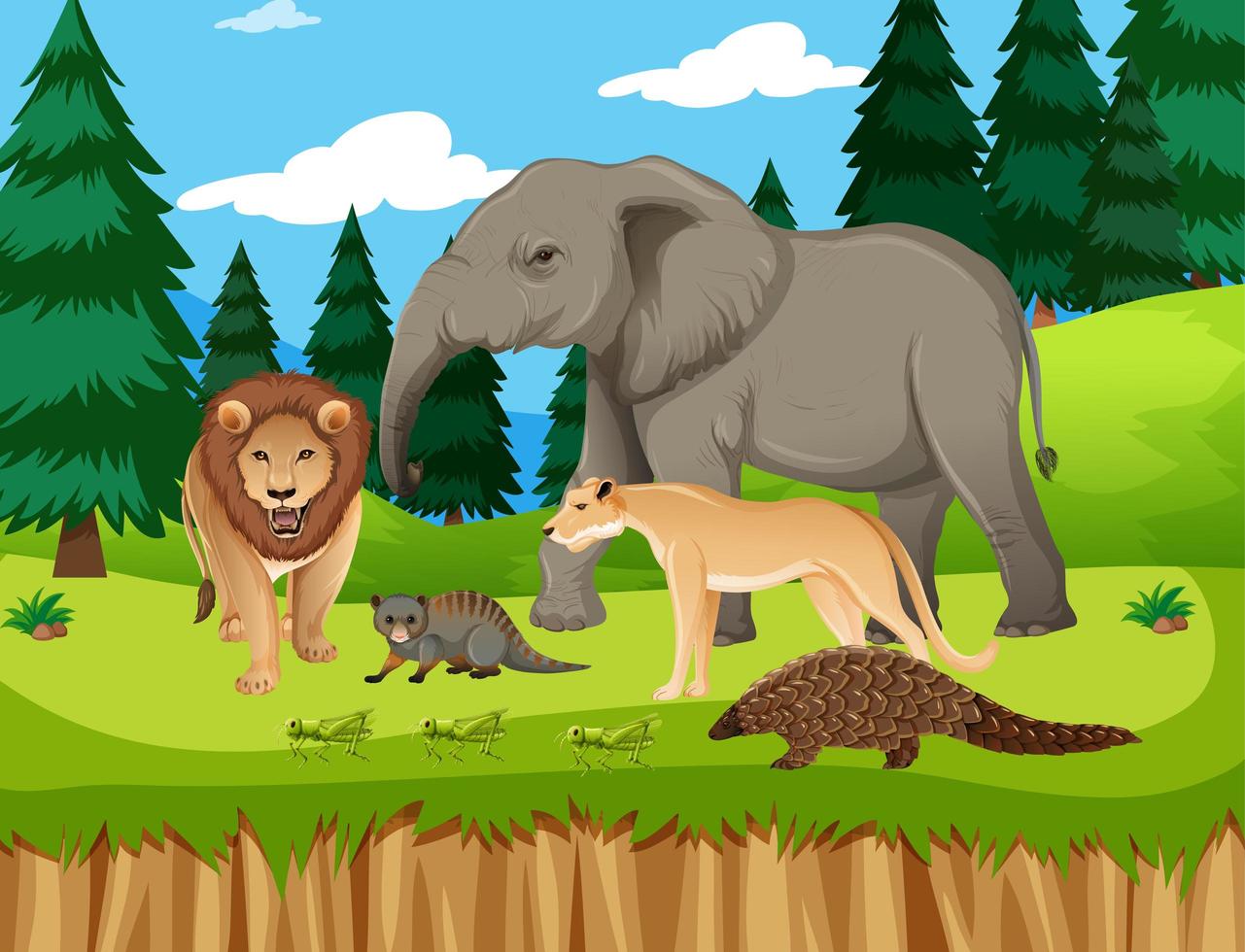 Grupo de animales salvajes africanos en la escena del bosque vector