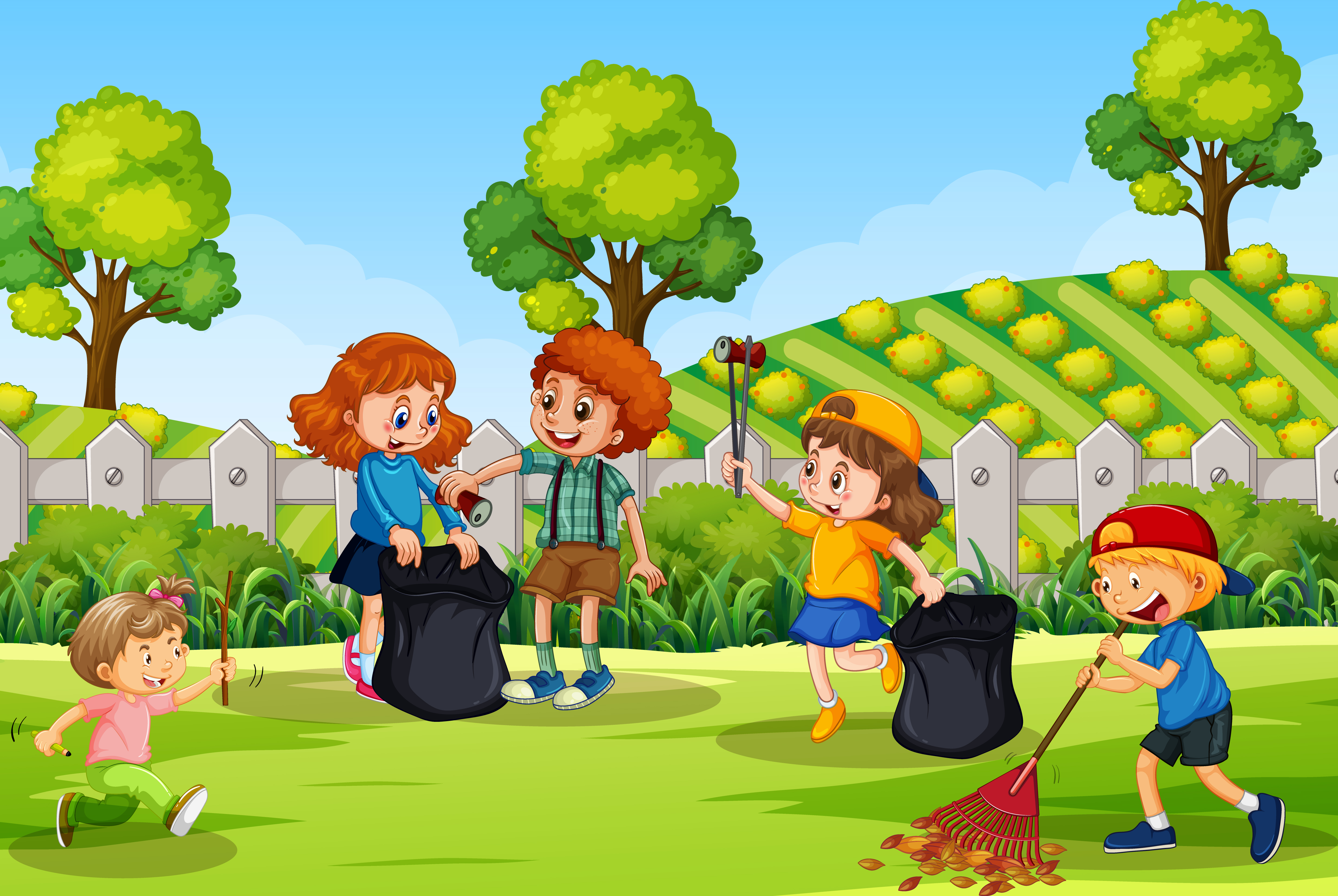 Scene with many children cleaning in the park 1592257 Vector Art at Vecteezy