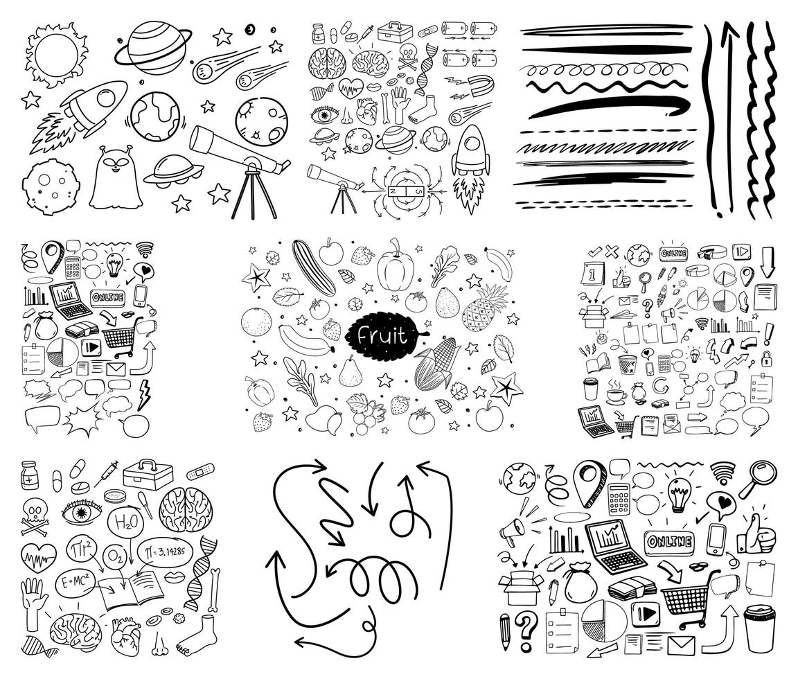 conjunto de objetos y símbolos doodle dibujados a mano sobre fondo blanco vector