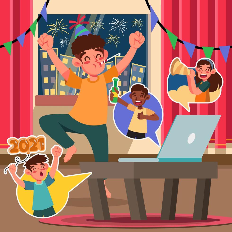 divertida celebración de año nuevo con videollamada vector