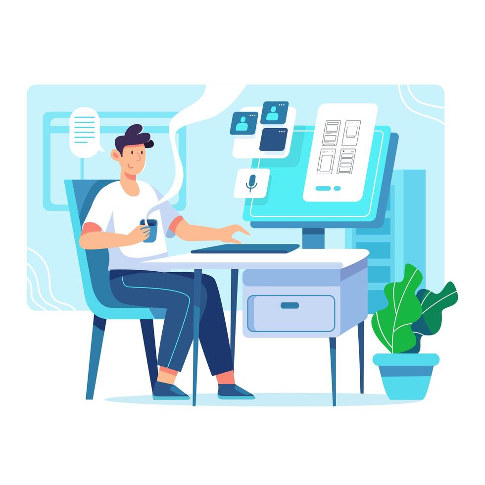 Man Holds His Morning Coffee Checking His Computer vector