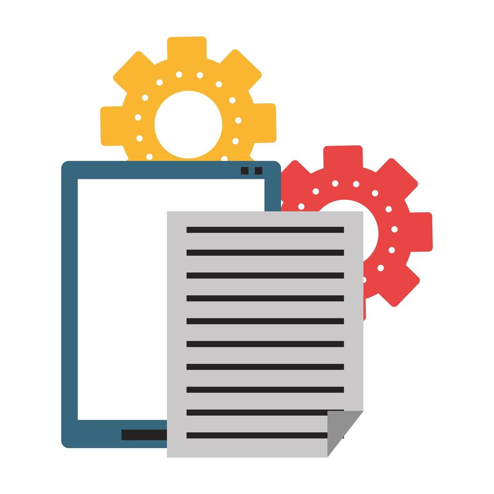 tableta de oficina con documentos y símbolos de engranajes vector